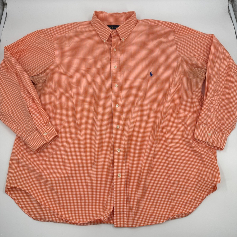 Ralph‎ Lauren Button Down Shirt Mens 2XB Orange Gingham Check Long Sleeve Pony